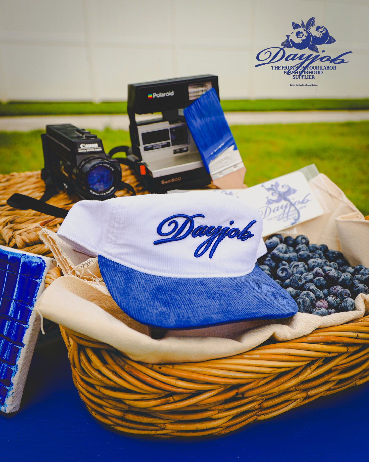 BLUEBERRY PUFF EMBROIDERY CORDUROY 5 PANEL CAP